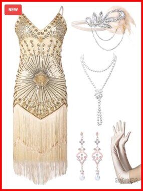 1920s Flapper Sequin Fringe Dress Great Gatsby Cocktail Prom Mesh Costume
